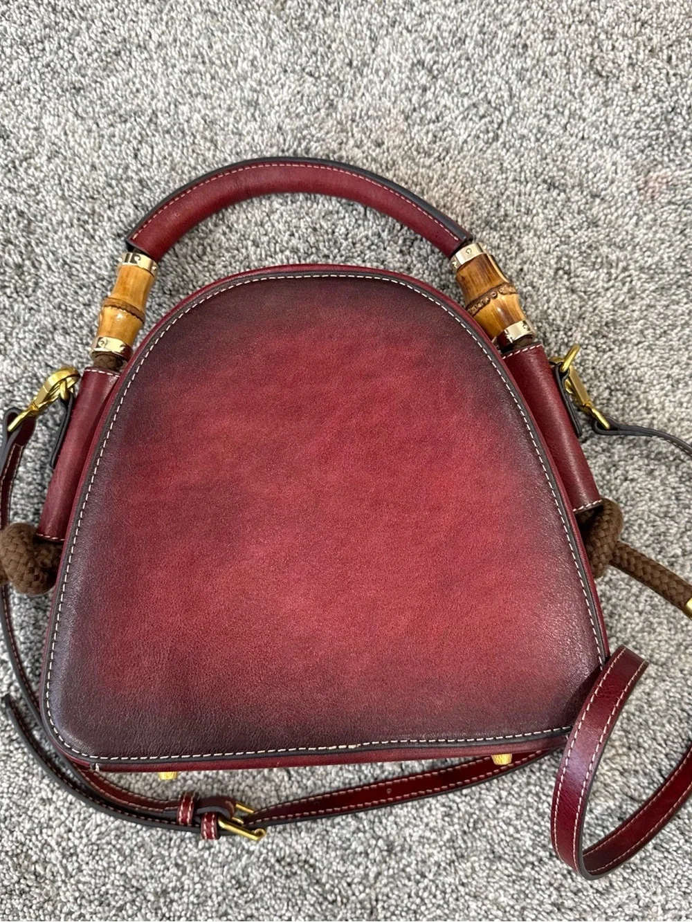 Red Genuine Leather Retro Top Handle Structured Crossbody Stachel Bag Zip Close